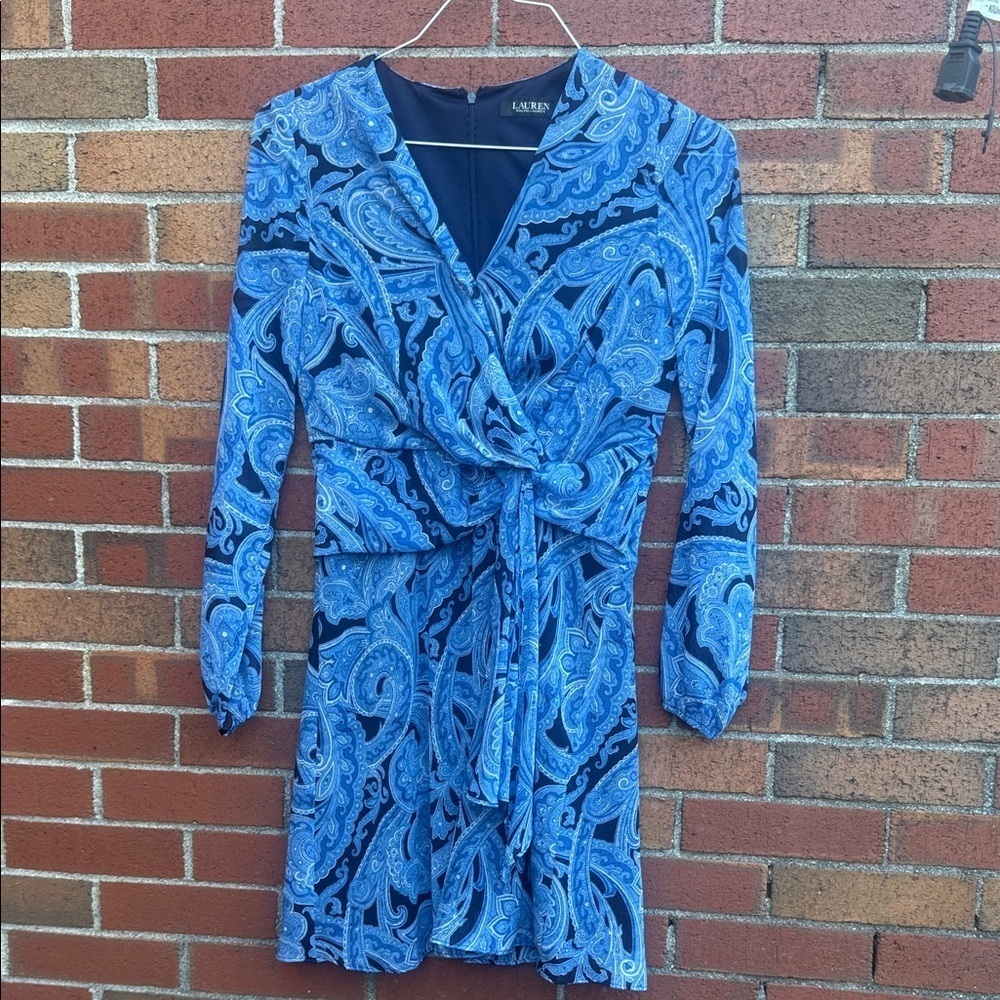 Lauren Ralph Lauren Blue Paisley Knot Front Sheath Dress Size 0P Petite